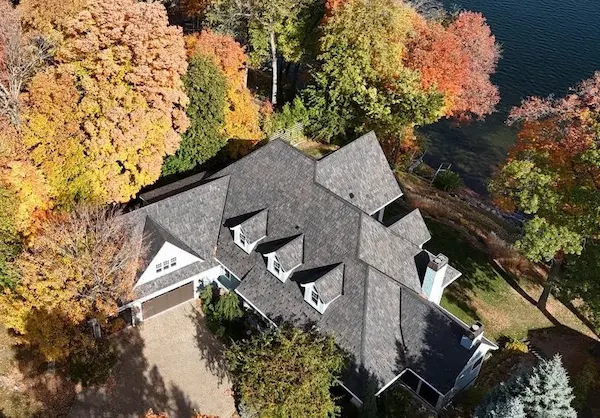 Aerial view of completed Brava composite roofing installation on a home in Mound, MN
